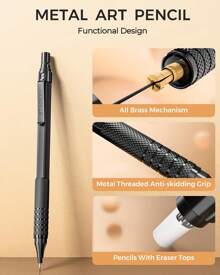 30Pcs Art Metal Mechanical Pencil Set With Leather Case, 6PCS Art Drafting Pencils 0.5, 0.7, 0.9, 2.0MM Mechanical Drawing Pencils With 300PCS Leads For Writing Sketching Drawing - 黑色 - 查看 6