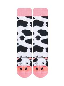 1 双男士创意趣味可爱奶牛图案袜子，舒适透气中筒袜，女士长袜和有趣的礼品袜 - 彩色 - 查看 4