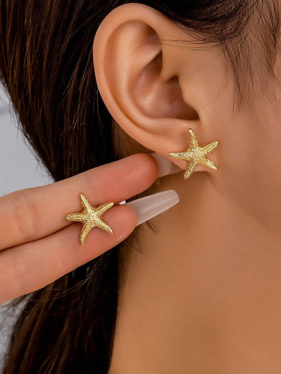 1 Pair Geometric Pearl & Starfish Design Stud Earrings, Minimalist & Practical Multifunctional - Yellow Gold - View 1