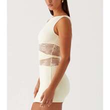 Women Mini Dress Lace Patchwork Sleeveless Dress Summer Casual Bodycon Short Dress - Yellow - View 4