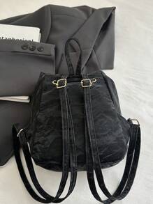 1pc Solid Color PU Leather Flap Cover Portable Fashion Backpack, Suitable For Women In Daily Outing - Black - View 7