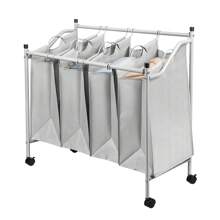 Mobile Laundry Basket, Laundry Cart, With Wheels, For Laundry Room, Bedroom, Bathroom, 4 Compartments, Gray - 灰色 - 查看 1