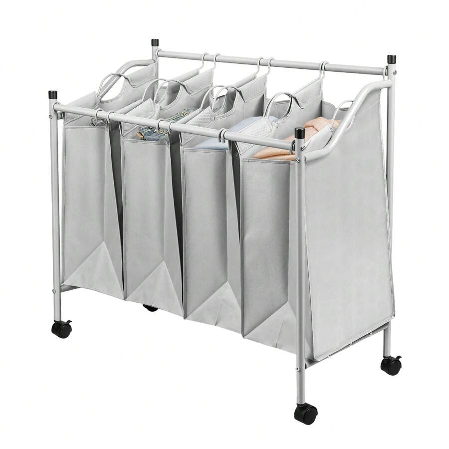 Mobile Laundry Basket, Laundry Cart, With Wheels, For Laundry Room, Bedroom, Bathroom, 4 Compartments, Gray - 灰色 - 查看 1