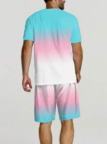 Set de 2 piezas de traje casual de verano para hombres, camiseta de cuello redondo de manga corta con bloques de color y conjunto de pantalones cortos con cordón, pantalones cortos de playa, conjunto de entrenamiento, tallas grandes