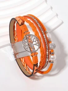 1pc Life Tree Pearl & Orange Leather Bracelet, Mother's Day Gift For Women