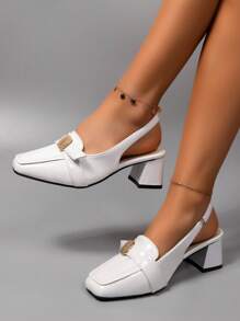 Vintage French Solid Color Fashion Office/Commute Thick Heel Metal Buckle High Heels, New Summer Dating/Home Open Toe High Heels For Women, Party/Home Backless Elegant Charming High Heels, Square Toe Pumps, Square Toe Sandals Wide Fit - White - View 5