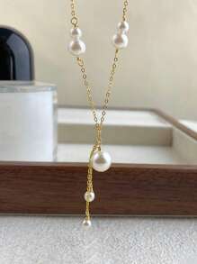 1pc Sterling 925 Silver Exquisite Elegant Fashionable Pearl Tassel Pendant Collar Chain Necklace For Women Daily Wearing Friendship Jewelry Gift - Gold - View 2