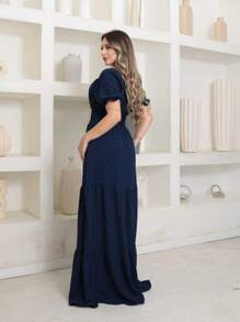 Vitoria Luxury Long Dress Duna Popcorn Short Sleeve Off Shoulder - 藏蓝色 - 查看 6