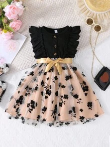 年轻女孩优雅罗纹荷叶边无袖花卉网眼派对公主裙，时尚儿童服装 - 黑色 - 查看 2