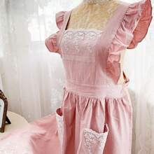 1 szt. haftowany fartuch z kwiatami, nowoczesny fartuch z falbanką z tkaniny do domu, kuchni, łazienki, domu, dostawców gospodarstwa domowego - Beżowy - Zobacz 4