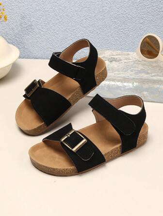 1 Pair Girls' Solid Color Soft Cork Thick Sole Sandals, Cute Solid Color, Comfortable Thick Sole, Children's Fashion Multi-Function Non-Slip Casual Beach Holiday Sandals, Suitable For Summer Outings.