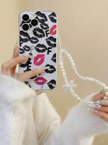 1pc High Precision Perforated Letter & Lip Print Thick Shockproof Painted Phone Case With Handmade Beaded Bracelet - Multicolor - View 1
