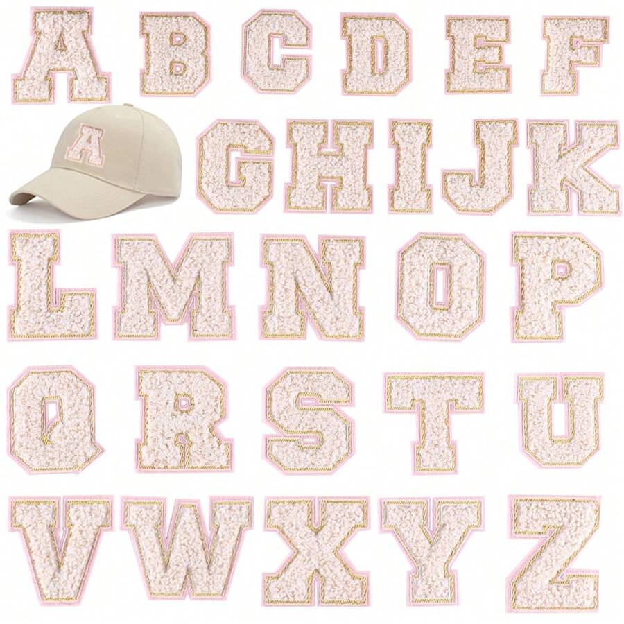 26 PEÇAS Remendos de Letras Adesivas Termofusíveis A-Z, Usados para DIY em Roupas, Tecidos, Sapatos, Bolsas, Acessórios de Vestuário com Letras (Rosa)