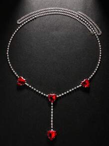 1pc Silver Minimalist Fashion Red Heart Rhinestone Pendant Waist Chain Body Chain, Suitable For Nightclub