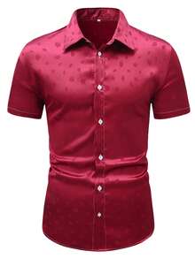 男士休闲提花短袖衬衫，春夏 - 紅色 - 查看 1