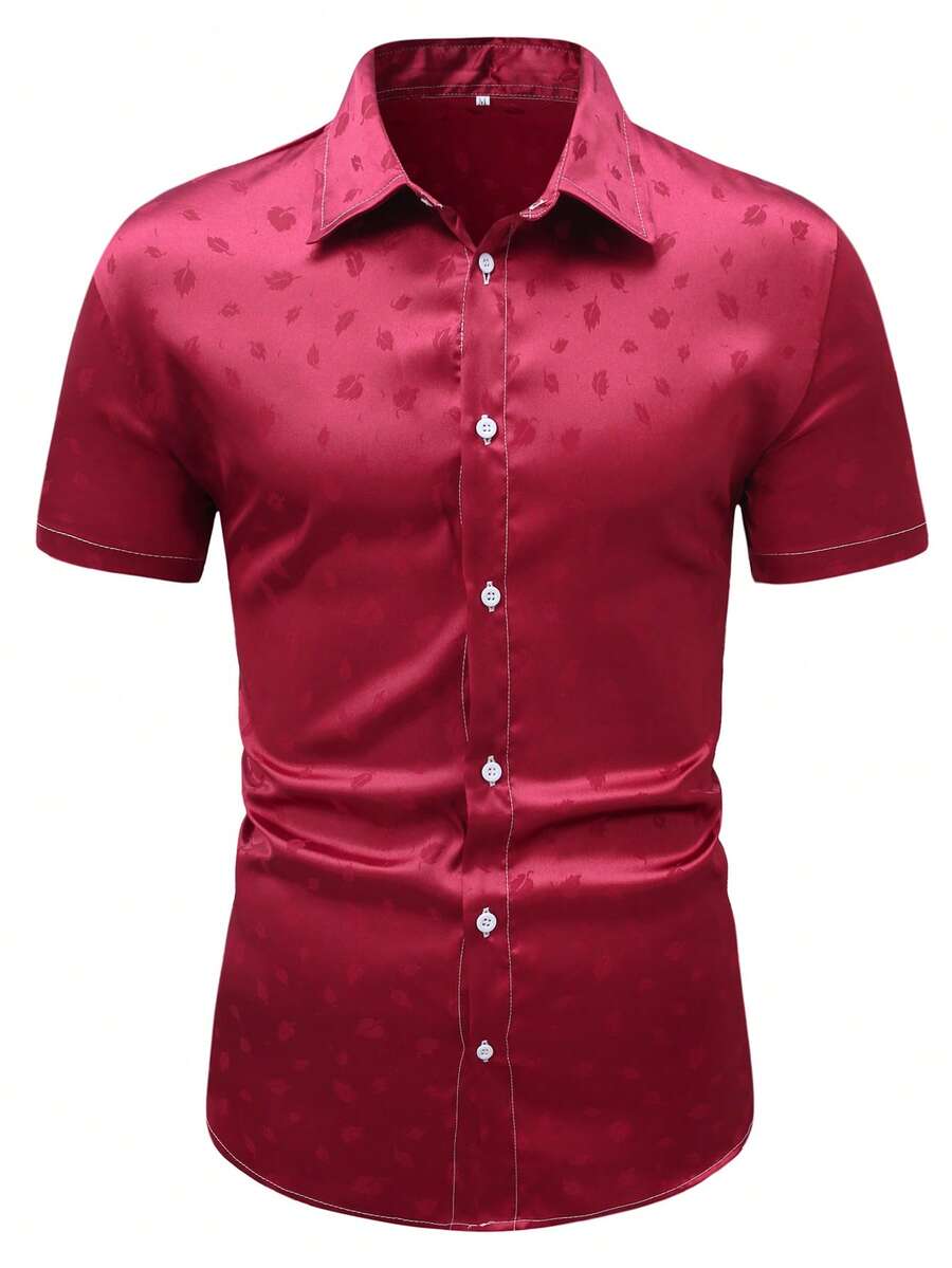 男士休闲提花短袖衬衫，春夏 - 紅色 - 查看 1
