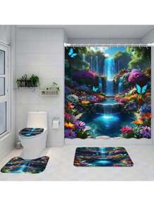 4pcs Waterfall & Butterfly Themed Polyester Bathroom Set, Includes Waterproof Shower Curtain, Non-Slip Mat, Toilet Seat Cover & Hooks - Suitable For Home Bathroom Decoration (1pc Or 4pcs Set, Machine Washable) Bathroom Accessories Back To School - Multicolor - View 9