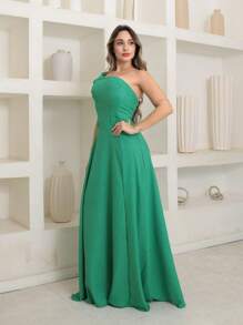 Victoria Long Dress Luxury Plain Duna Linen With Bow One Shoulder - Green - View 3