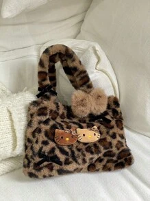 Sanrio Hello Kitty Plush Leopard Print Handbag, Y2K Baddie Cute Leopard Wallet, Minimalist Tote Bag For Outdoor, Retro Plush Commuter Bag, Bohemian Style, Easter, Mother's Day, Birthday Gift, Party Favor, Graduation Memento