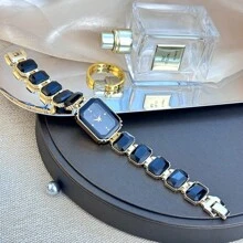 1 pièce Montre-bracelet élégante pour femmes avec boîtier rectangulaire orné de strass facettés, cadran à échelle de diamant de couleur, style européen et américain