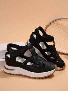 1 Pair Women's New White Wedge Platform Hollow Breathable Lightweight Non-Slip Roman Sandals, Hook And Loop Fashion Versatile Black Sneakers