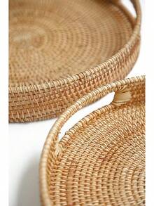 HITOMEN 11.8" Hand-Woven Round Rattan Serving Tray Decorative Wicker Trays With Handles For Coffee Table (Natural-M) - Natural - View 7