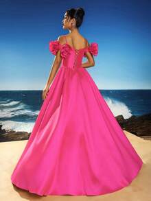 Robe de soirée longue élégante à épaules dénudées, avec fente à la cuisse, convient aux occasions formelles, aux robes de fête, aux robes de invités de mariage - Rose vif - Voir 2