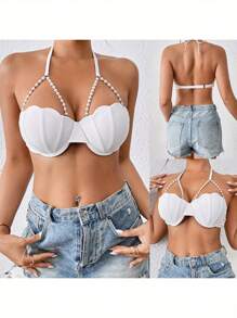 Bikini Tops For Women Halter Neck Shell Bathing Suit Swim Tops Beach Resort Wear - White - View 2