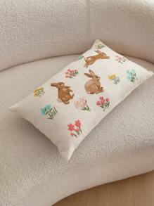 1pc Easter Beige Rabbit Embroidered Throw Pillow Cover, Spring Floral Cushion Cover, Suitable For Indoor Decor, Spring/Summer Pillowcase, Pillow Insert Not Included - Beige - View 8