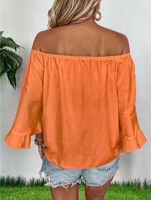 Blusa off-Shoulder con Mangas Acampanadas y Lazo Frontal Estilo Fresco y Elegante para Mujer - Naranja - Ver 3