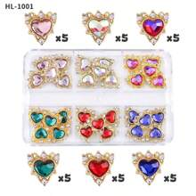 30 piezas Encantos de uñas de lujo de aleación 3D con forma de corazón, pedrería de 6 colores, piedras preciosas doradas para decoración de arte de uñas, accesorios para mujeres