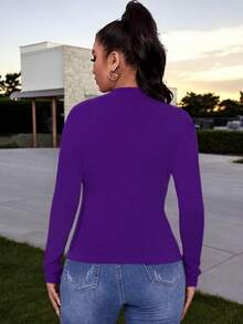 Blusa Basica Ajustada de Manga Larga con Abertura Asimetrica en el Pecho para Mujer - Morado - Ver 3