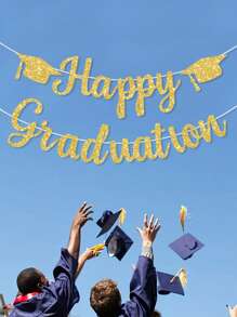 2 piezas Birrete de graduación con brillo dorado, Banner decorativo colgante con fondo "Feliz Graduación" para celebración de fiesta de temporada de graduación - Dorado - Ver 4