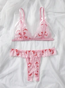 女士花卉印花撞色蕾丝蝴蝶结点缀性感内衣套装 - 粉色 - 查看 2