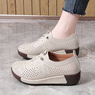 女士穿孔透气坡跟厚底乐福鞋软底轻便休闲鞋，夏季