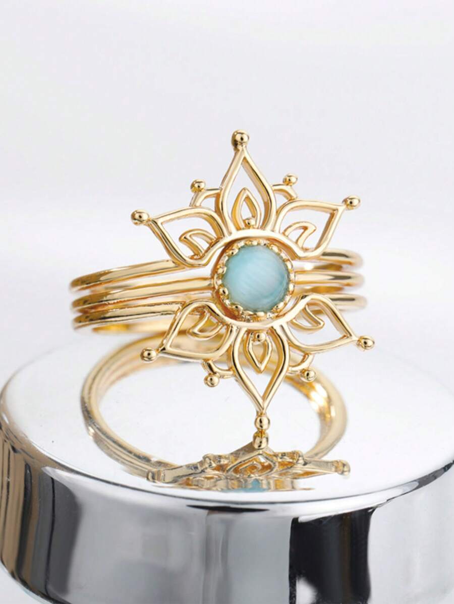 1PC Exquisite Crown Lotus Flower Rings For Women Gold Plated Stainless Steel Blue Opal Ring Wedding Engagement Jewelry Gift - 1 - View 1