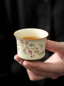 1/2 件陶瓷紫藤花卉图案茶杯，中式复古广口下午茶杯，优雅高脚米色茶碗，适合客人、主人、品茶、日常家居、办公室、茶馆、纪念品、商务礼品、年会礼物返校 - 彩色 - 查看 10