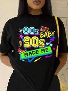 Letter Print T-Shirt, Short Sleeve Crew Neck Casual Top For Summer & Spring, Women's Clothing Tee For Adult, Men, Women, Teen, Teenager, Adolescent, Youth - Printing T Shirts - 黑色 - 查看 1