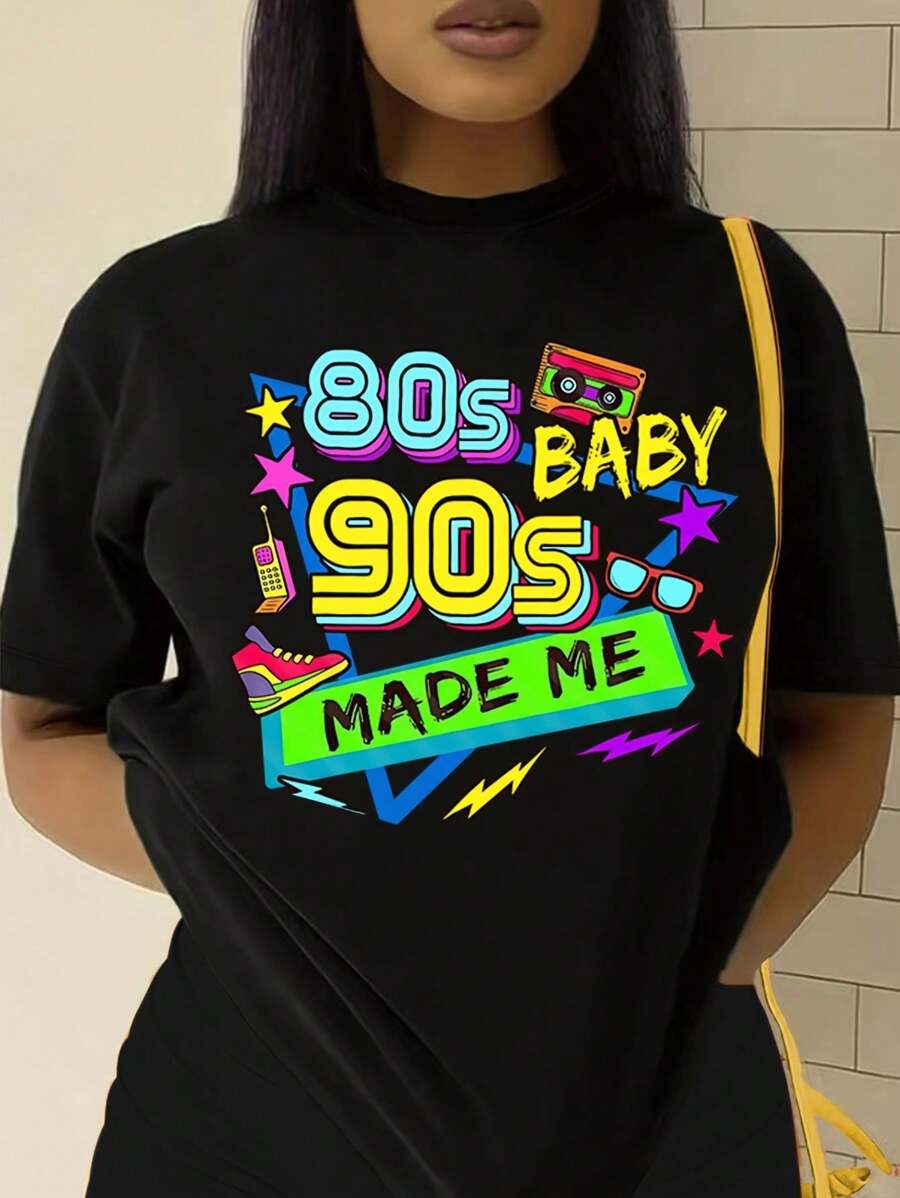 Letter Print T-Shirt, Short Sleeve Crew Neck Casual Top For Summer & Spring, Women's Clothing Tee For Adult, Men, Women, Teen, Teenager, Adolescent, Youth - Printing T Shirts - 黑色 - 查看 1