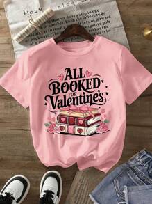 世界读书日粉色T恤，街头优雅休闲女式图案T恤，春夏新款女童时尚运动T恤，短袖圆领休闲上衣 - 粉色 - 查看 4