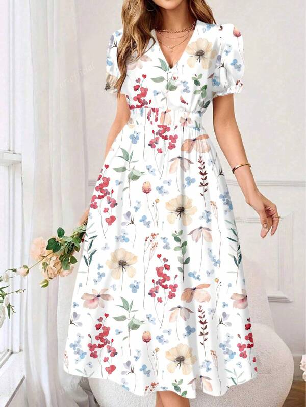 Vestido suelto con estampado de estilo árabe, mangas abullonadas y cintura entallada para mujer