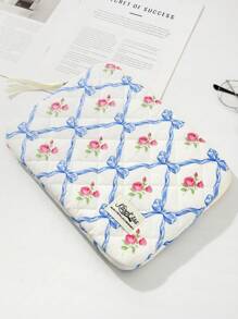 1 件花卉蝴蝶结印花大容量绗缝笔记本电脑包女士便携式轻便电脑包笔记本电脑内胆包 11 英寸笔记本电脑包笔记本电脑公文包适用于 11 英寸平板电脑平板电脑收纳袋用于保护平板电脑和手机配件 iPad 包 - 彩色 - 查看 7