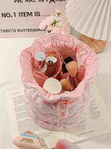 1Pc Floral &Bow Knot Pattern Quilting Drawstring Bag With 4 Compartment Cosmetic Bag ,Large Capacity Girls Makeup Bag - Pink - View 8