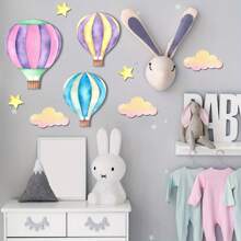 9 PIEZAS Decoraciones colgantes de pared de madera con globos aerostáticos en púrpura, azul y rosa, decoración de pared con nubes y estrellas, cartel de madera para decoración del hogar en dormitorio, salón de clases y sala de juegos