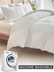 2/3件套白色条纹簇绒提花涤纶被套套装，波西米亚复古时尚床上用品套装，四季皆宜，大号（1个被套+1/2个枕套） - 白色 - 查看 6