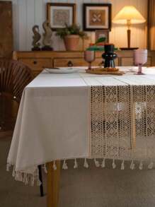 MeijiaMo 1 Pc Linen Patchwork Rectangular Tablecloth, Bohemian Nordic Minimalist Hollow Out Home Decor Placemat Table Topper With Tassels, Suitable For Dining Room, Kitchen, Hotel, Bedroom, Picnic, Dust-Proof, All Season - Multicolor - View 10