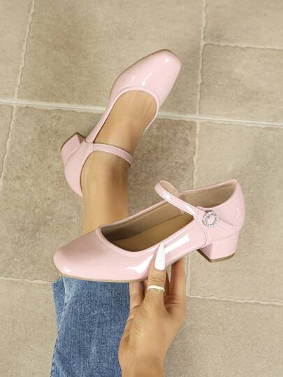 Women's Square Toe Casual Comfortable Rhinestone Buckle Chunky Heel Soft Sole Work Shoes