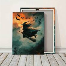 There Is A Witch Riding A Broom, Bats Flying In The Sky, 1 Piece Of Wooden Frame Poster Print  Thickness 2.25cm/0.9 Inches-Home Decoration Suitable For All Occasions-Ideal New Year, Valentine's Day, Thanksgiving, Easter, Christmas Gifts