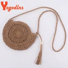 Yogodlns Round Soft Paper Rope Shoulder Bag Tassel Summer Beach Handmade Crossbody Bags Women Hollow Straw Bag Circle Rattan Bag
