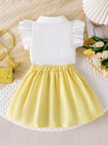 2 件套年轻女孩可爱荷叶边吊带无袖上衣和蝴蝶结裙子套装，夏季 - 黃色 - 查看 4